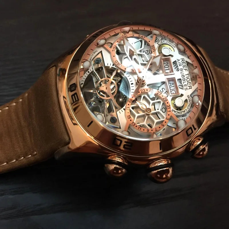 Reef Tiger/RT Luminous Sport Automatic Watches For Men Steel Tourbillon Year Month Calendar Sapphire Waterproof Clock RGA703