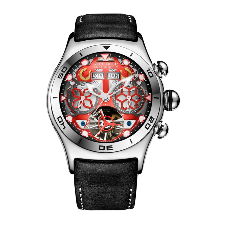 Reef Tiger/RT Luminous Sport Automatic Watches For Men Steel Tourbillon Year Month Calendar Sapphire Waterproof Clock RGA703