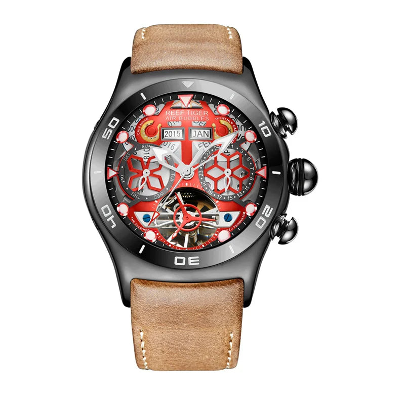 Reef Tiger/RT Luminous Sport Automatic Watches For Men Steel Tourbillon Year Month Calendar Sapphire Waterproof Clock RGA703