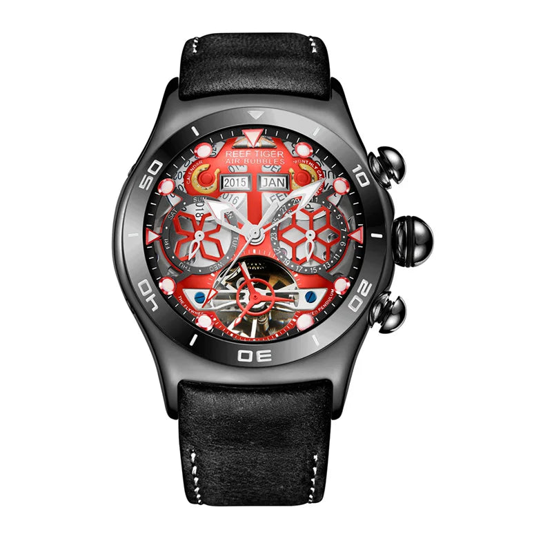 Reef Tiger/RT Luminous Sport Automatic Watches For Men Steel Tourbillon Year Month Calendar Sapphire Waterproof Clock RGA703