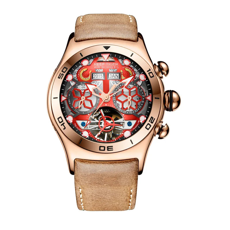 Reef Tiger/RT Luminous Sport Automatic Watches For Men Steel Tourbillon Year Month Calendar Sapphire Waterproof Clock RGA703