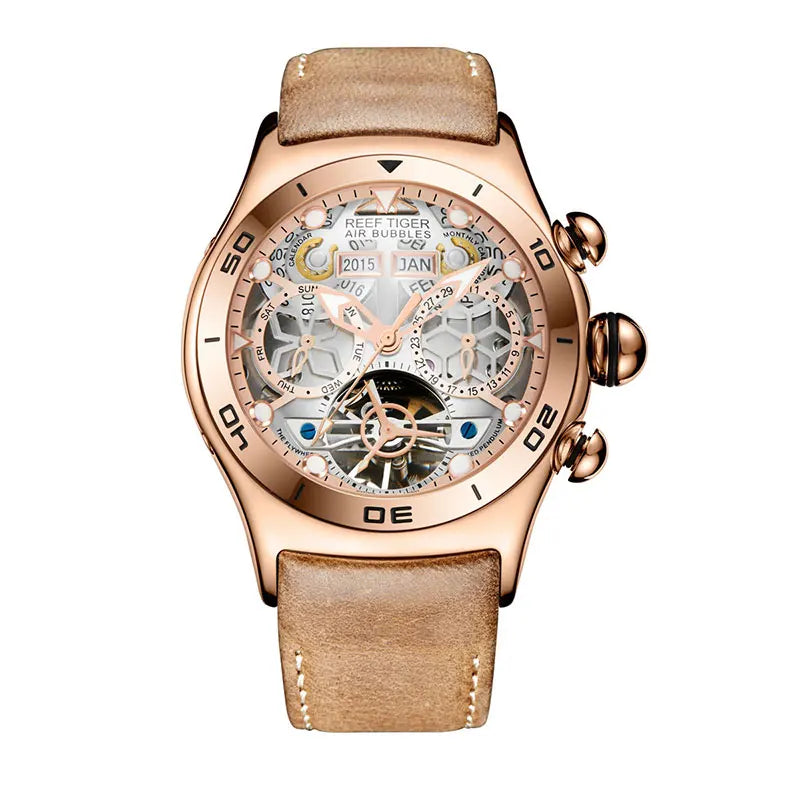 Reef Tiger/RT Luminous Sport Automatic Watches For Men Steel Tourbillon Year Month Calendar Sapphire Waterproof Clock RGA703