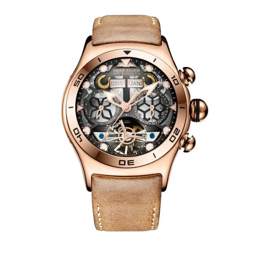 Reef Tiger/RT Luminous Sport Automatic Watches For Men Steel Tourbillon Year Month Calendar Sapphire Waterproof Clock RGA703
