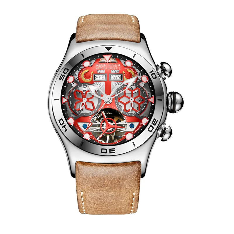 Reef Tiger/RT Luminous Sport Automatic Watches For Men Steel Tourbillon Year Month Calendar Sapphire Waterproof Clock RGA703