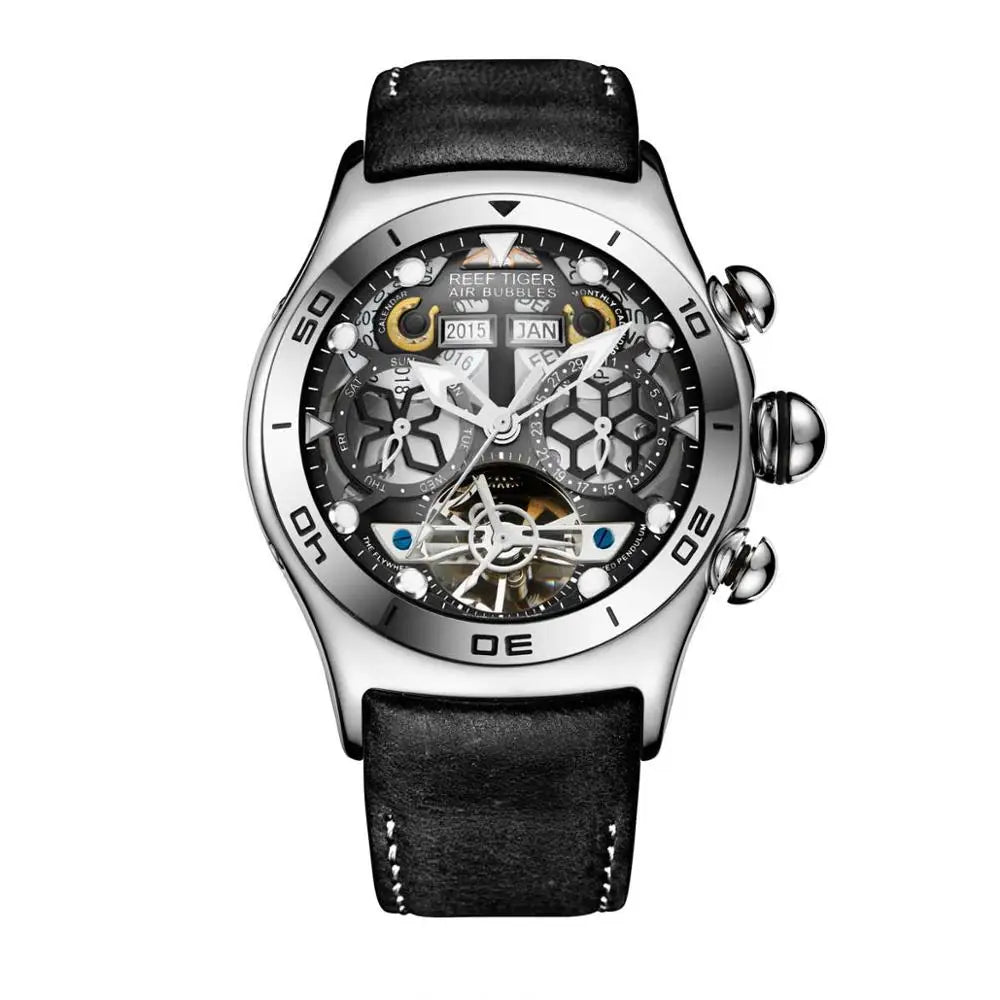 Reef Tiger/RT Luminous Sport Automatic Watches For Men Steel Tourbillon Year Month Calendar Sapphire Waterproof Clock RGA703