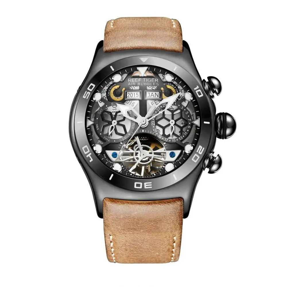 Reef Tiger/RT Luminous Sport Automatic Watches For Men Steel Tourbillon Year Month Calendar Sapphire Waterproof Clock RGA703
