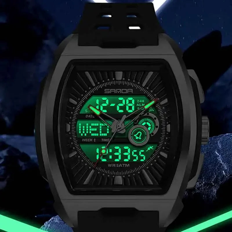 SANDA New Men Sport Watch Fashion Tonneau Big Dial Multifunction Chronograph LED Luminous 5Bar Waterproof Casual Quartz Watch
