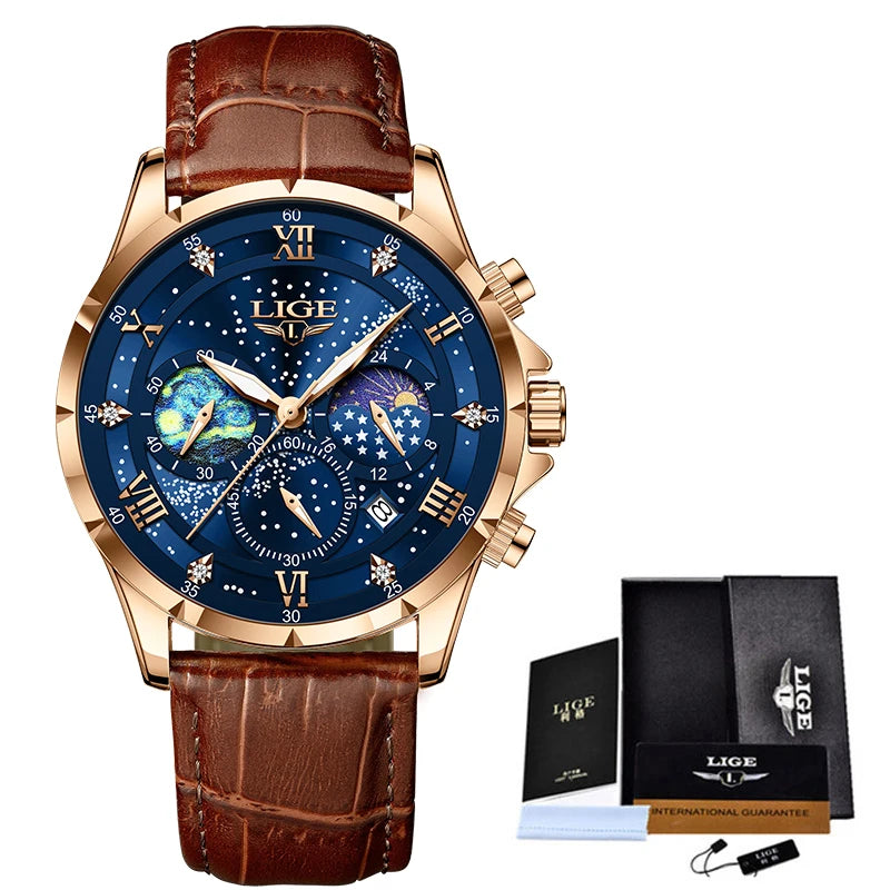 LIGE Quartz Watch For Men Top Brand Luxury Fashion Leather Watch Men Casual Sport Waterproof Chronograph Relogios Masculino+BOX