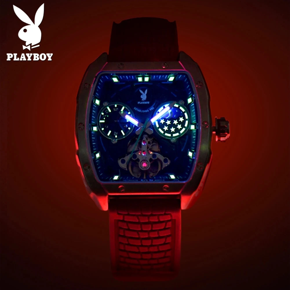 PLAYBOY Luxury Watches Man Skeleton Tonneau Automatic Mechanical Watch Silicone Strap Waterproof Business Watches For Man 3058