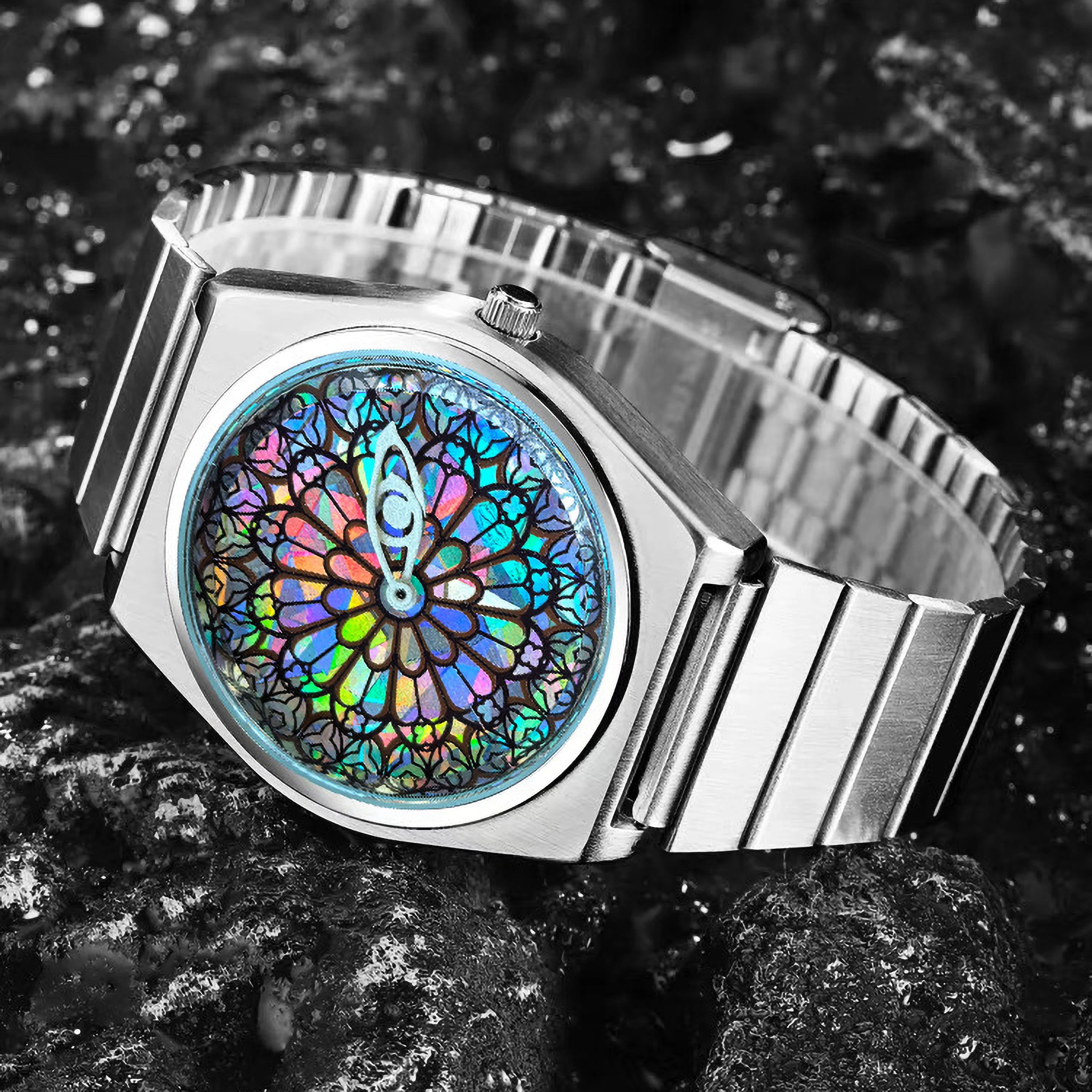 Men Quartz Watch Vintage Stained Glass Dial Minimalist Stainless Steel Band Wristwatch Fashion Casual Waterproof Watch for Men