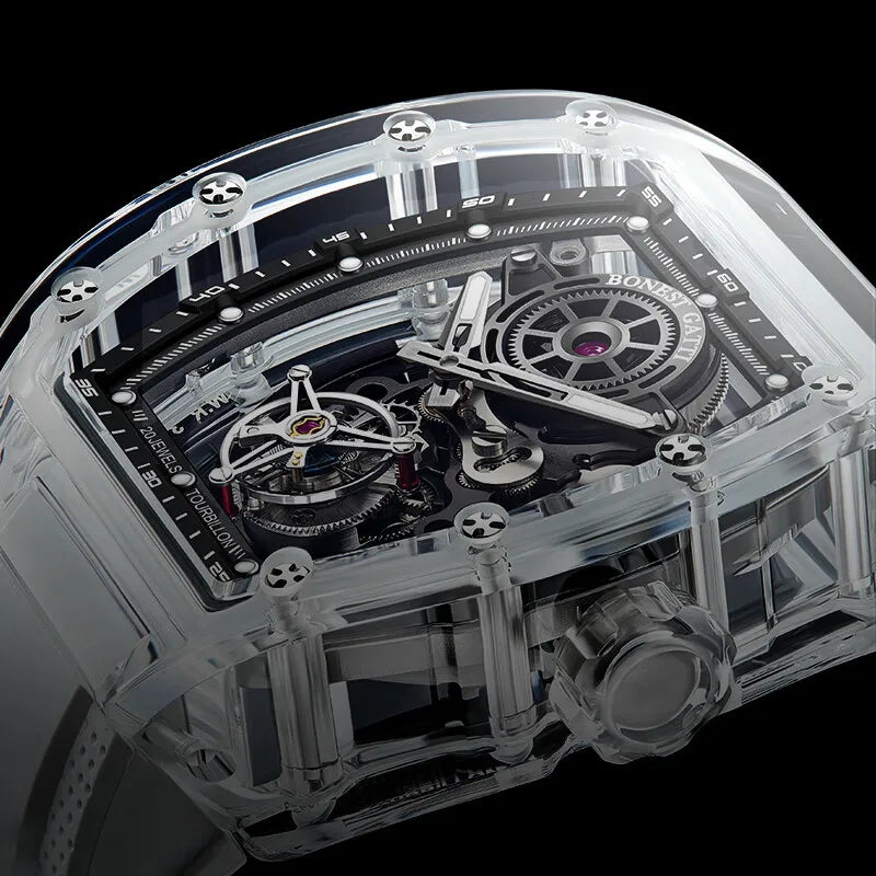 BONEST GATTI Men Tourbillon Watch 45mm Tonneau Automatic Mechanical Wristwatch Acrylic Case Luminous Skeleton Dial