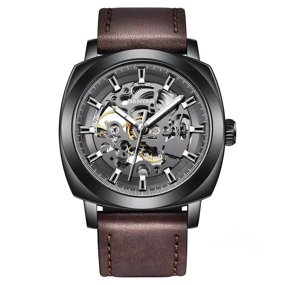 BENYAR Watch for Men Luxury Skeleton Tourbillon Automatic Mechanical Mens Watch 30M Waterproof Leather Strap Sports Reloj Hombre