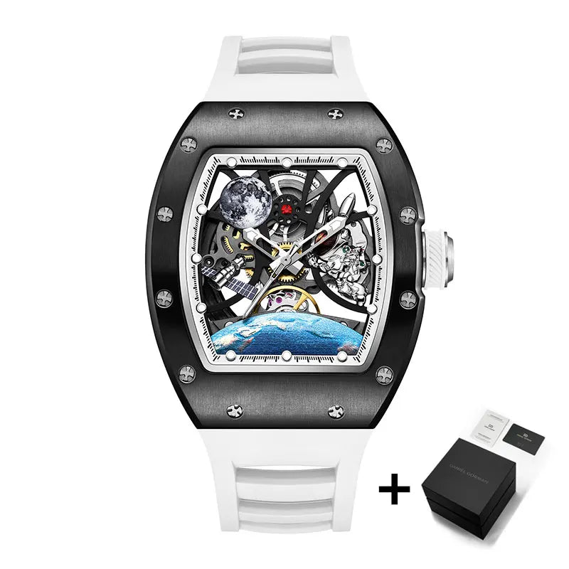 2025 New Top Brand Mens Automatic Watch Skeleton Tonneau Waterproof Wristwatch Luxury Clock Mechanical Watch for Men Earth dial
