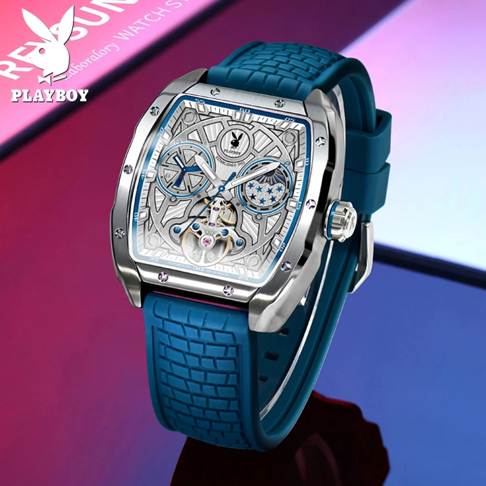 PLAYBOY Luxury Watches Man Skeleton Tonneau Automatic Mechanical Watch Silicone Strap Waterproof Business Watches For Man 3058