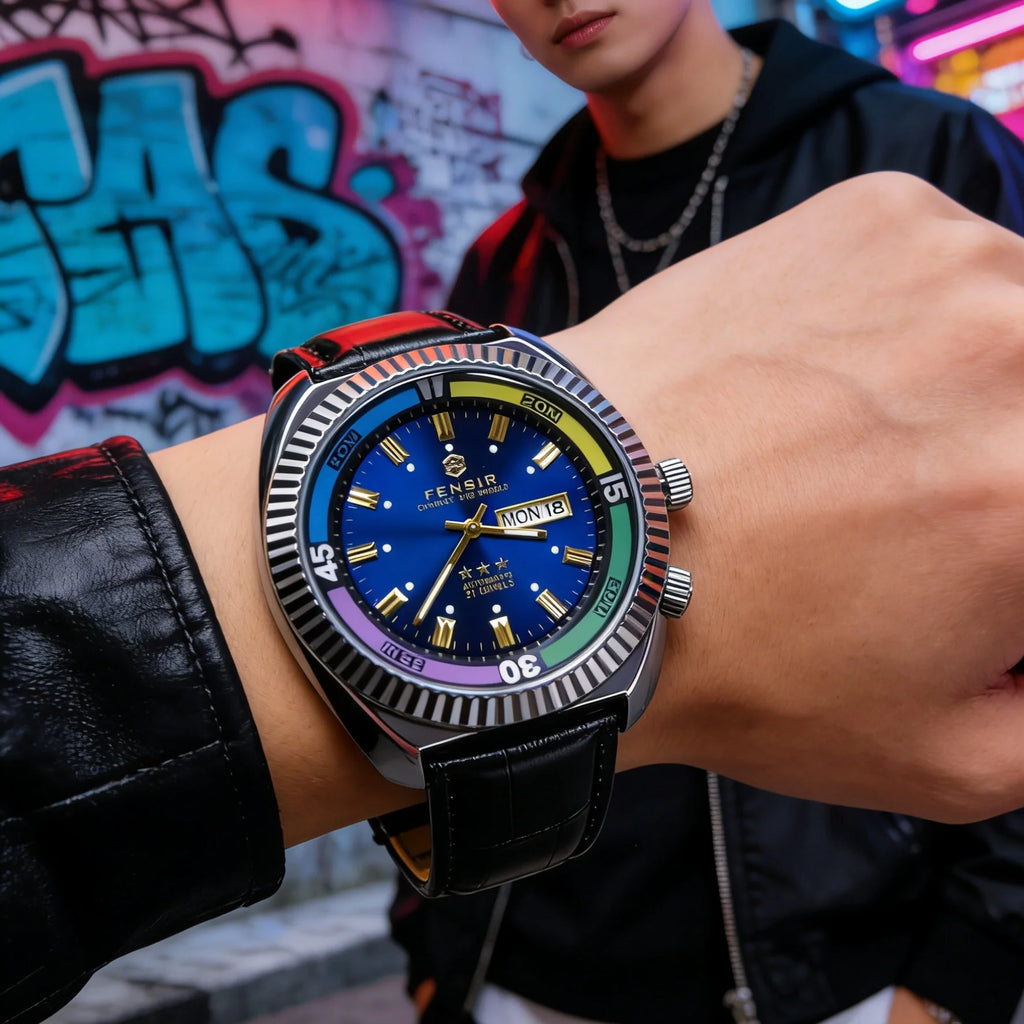Men's Quartz Watch - Stainless Steel Case, Rainbow Color Case, Date and Day Display, Black Leather Strap, Luminous Watch, Waterproof Sports Watch, Street Fashion Hip-Hop Style Men's Watch, Ideal Gift for Boyfriend, Husband, Y