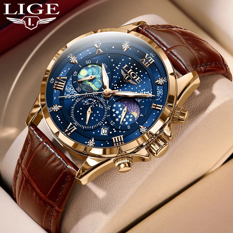 LIGE Quartz Watch For Men Top Brand Luxury Fashion Leather Watch Men Casual Sport Waterproof Chronograph Relogios Masculino+BOX