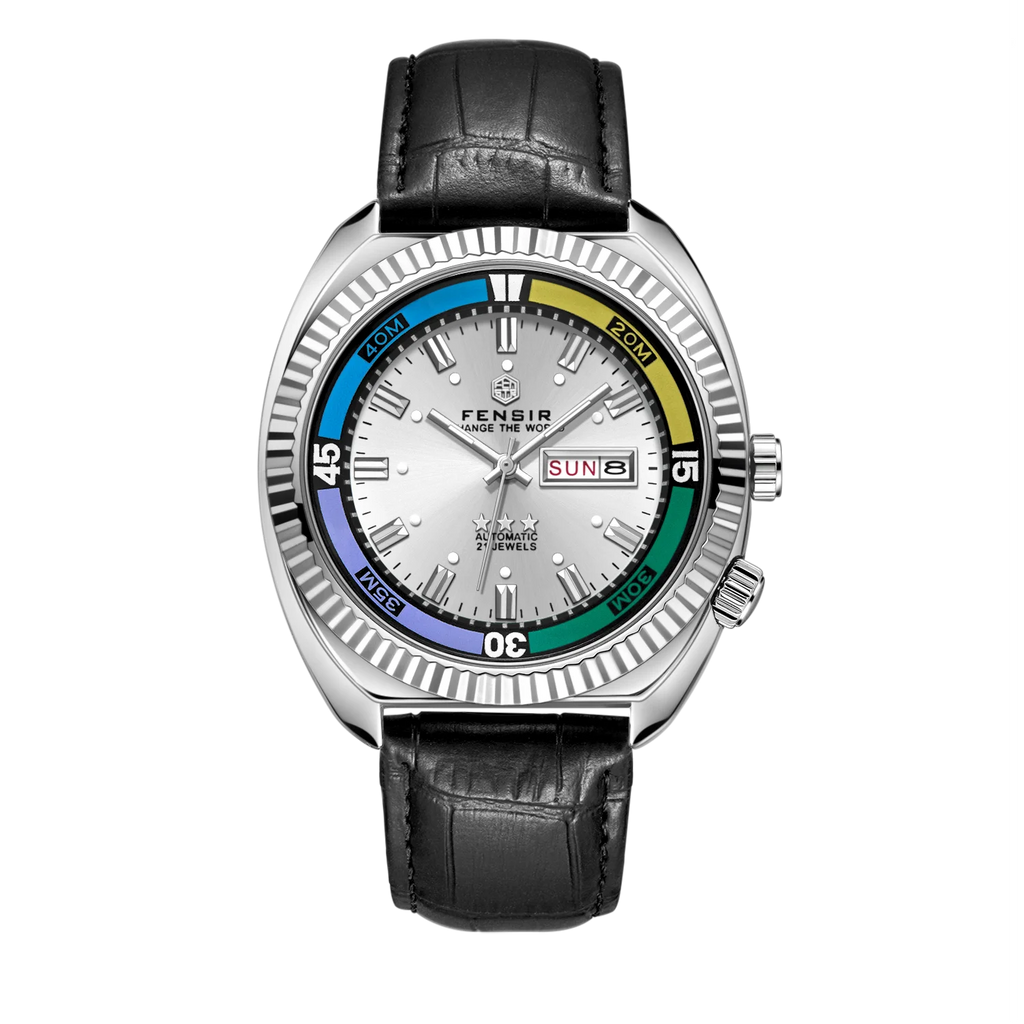 Men's Quartz Watch - Stainless Steel Case, Rainbow Color Case, Date and Day Display, Black Leather Strap, Luminous Watch, Waterproof Sports Watch, Street Fashion Hip-Hop Style Men's Watch, Ideal Gift for Boyfriend, Husband, Y