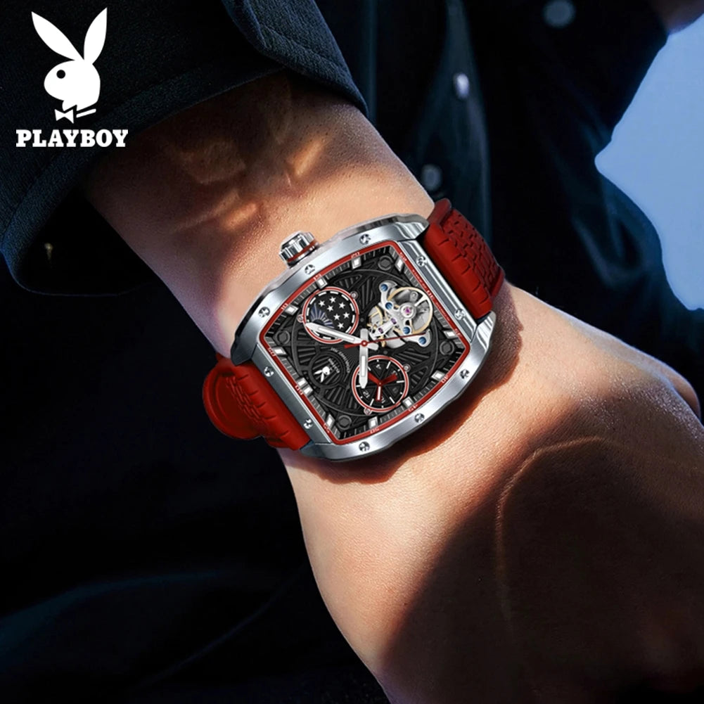 PLAYBOY Luxury Watches Man Skeleton Tonneau Automatic Mechanical Watch Silicone Strap Waterproof Business Watches For Man 3058
