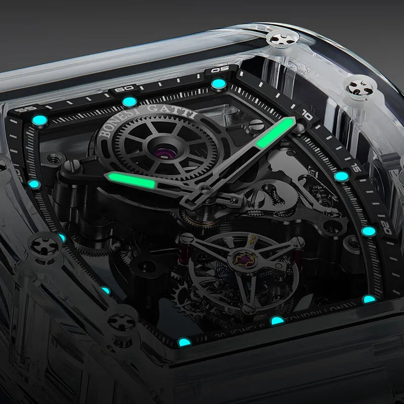 BONEST GATTI Men Tourbillon Watch 45mm Tonneau Automatic Mechanical Wristwatch Acrylic Case Luminous Skeleton Dial