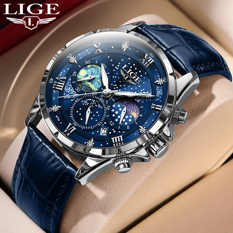 LIGE Quartz Watch For Men Top Brand Luxury Fashion Leather Watch Men Casual Sport Waterproof Chronograph Relogios Masculino+BOX