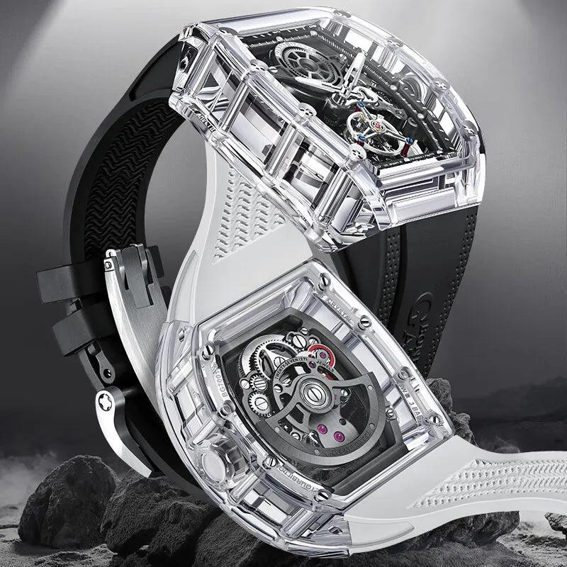 BONEST GATTI Men Tourbillon Watch 45mm Tonneau Automatic Mechanical Wristwatch Acrylic Case Luminous Skeleton Dial
