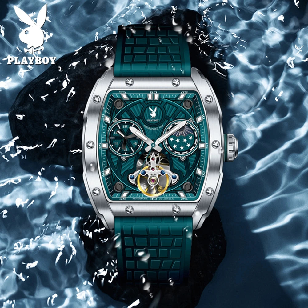 PLAYBOY Luxury Watches Man Skeleton Tonneau Automatic Mechanical Watch Silicone Strap Waterproof Business Watches For Man 3058