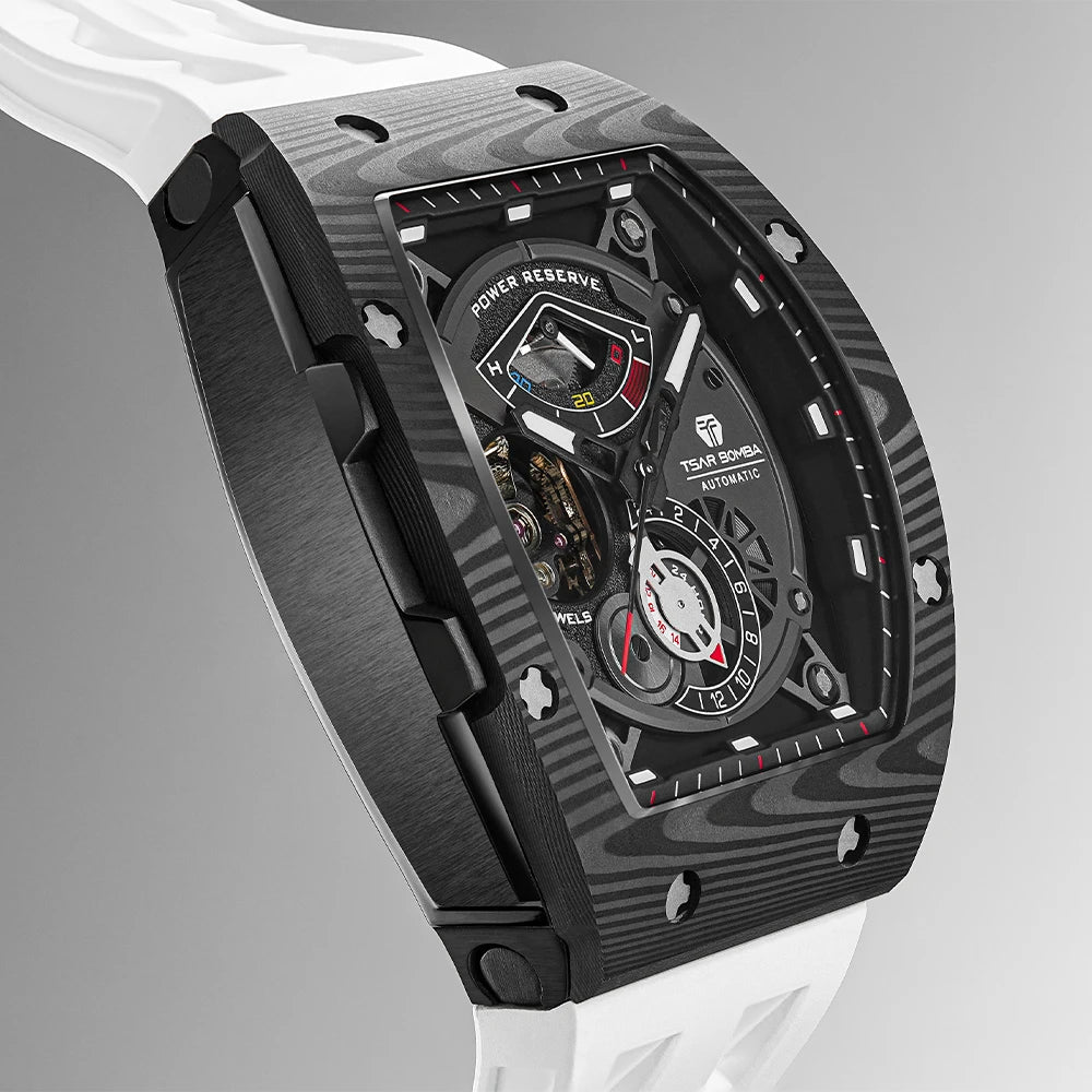TSAR BOMBA Mens Watches Carbon Fiber Automatic Mechanical Wristwatch Sapphire Glass Water Resistant Clock Gift for Men