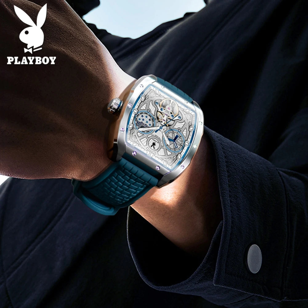 PLAYBOY Luxury Watches Man Skeleton Tonneau Automatic Mechanical Watch Silicone Strap Waterproof Business Watches For Man 3058