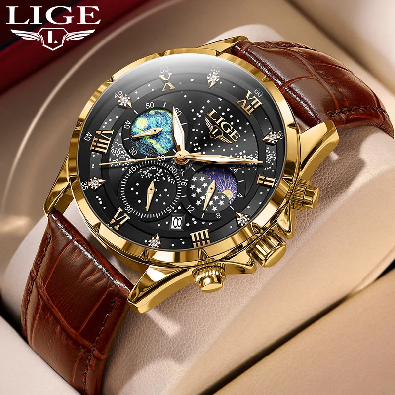 LIGE Quartz Watch For Men Top Brand Luxury Fashion Leather Watch Men Casual Sport Waterproof Chronograph Relogios Masculino+BOX