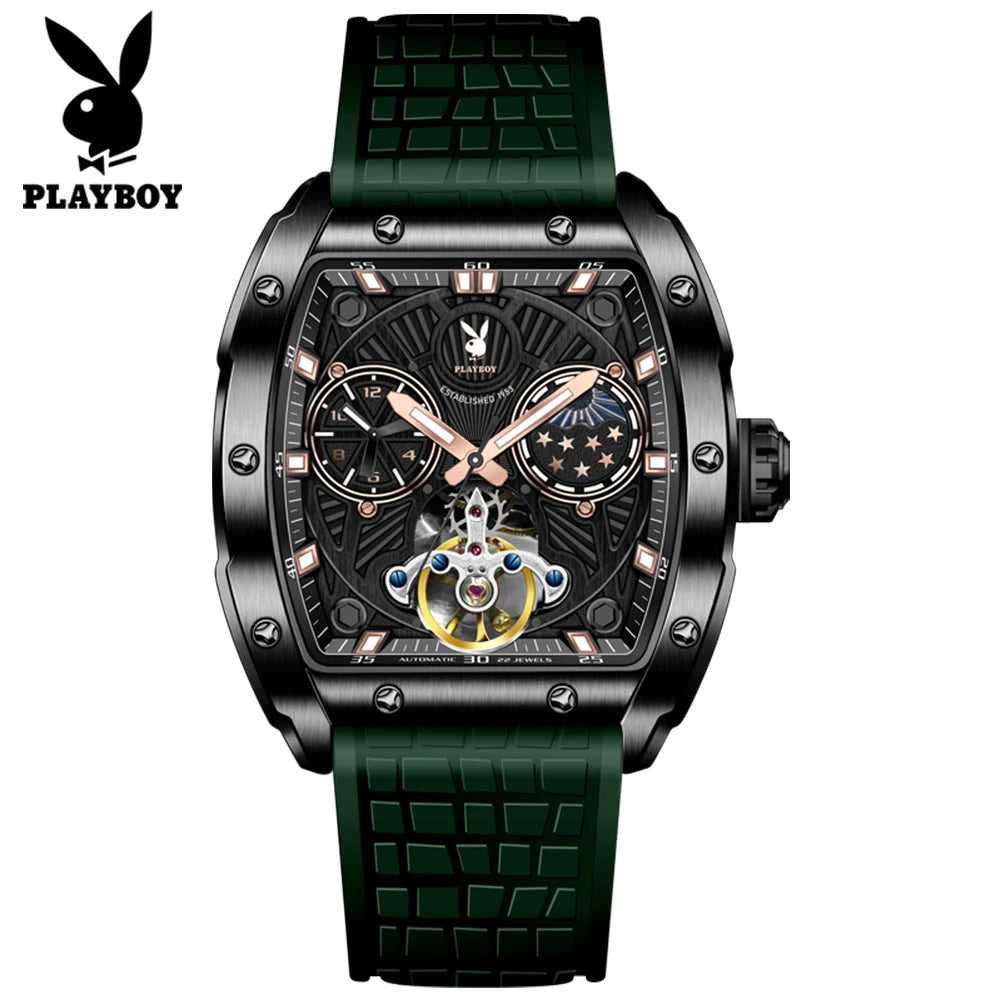 PLAYBOY Luxury Watches Man Skeleton Tonneau Automatic Mechanical Watch Silicone Strap Waterproof Business Watches For Man 3058