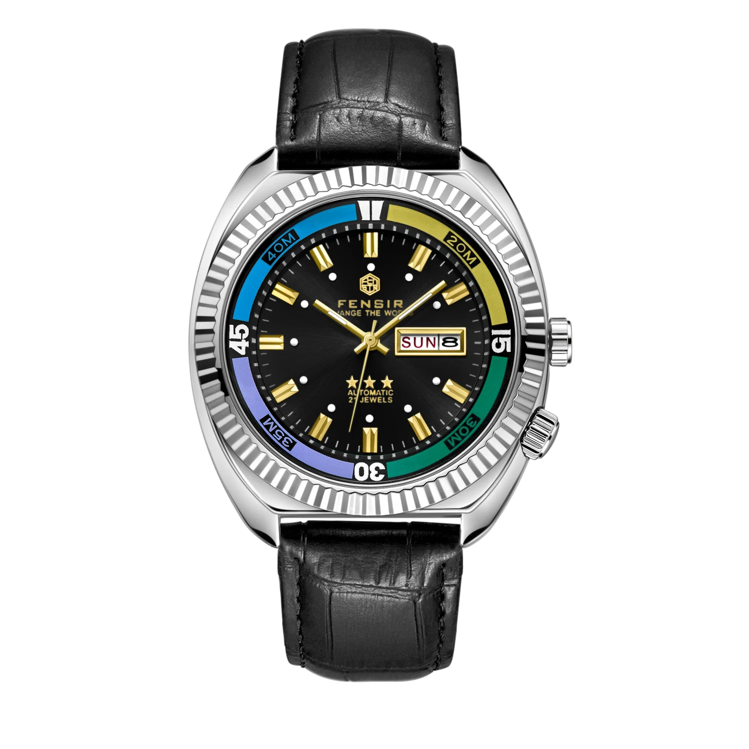 Men's Quartz Watch - Stainless Steel Case, Rainbow Color Case, Date and Day Display, Black Leather Strap, Luminous Watch, Waterproof Sports Watch, Street Fashion Hip-Hop Style Men's Watch, Ideal Gift for Boyfriend, Husband, Y