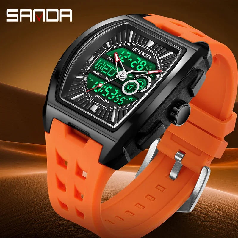 SANDA New Men Sport Watch Fashion Tonneau Big Dial Multifunction Chronograph LED Luminous 5Bar Waterproof Casual Quartz Watch