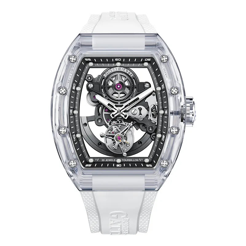 BONEST GATTI Men Tourbillon Watch 45mm Tonneau Automatic Mechanical Wristwatch Acrylic Case Luminous Skeleton Dial