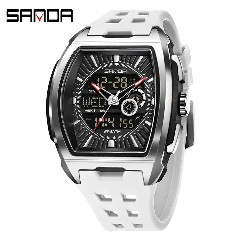 SANDA New Men Sport Watch Fashion Tonneau Big Dial Multifunction Chronograph LED Luminous 5Bar Waterproof Casual Quartz Watch