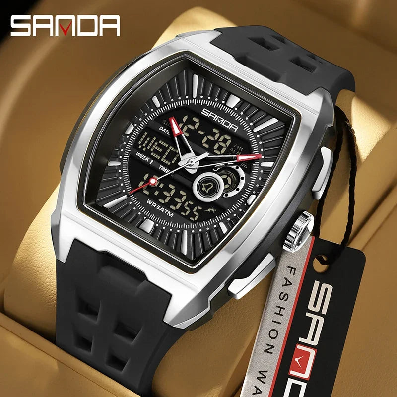 SANDA New Men Sport Watch Fashion Tonneau Big Dial Multifunction Chronograph LED Luminous 5Bar Waterproof Casual Quartz Watch