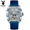 PLAYBOY Luxury Watches Man Skeleton Tonneau Automatic Mechanical Watch Silicone Strap Waterproof Business Watches For Man 3058