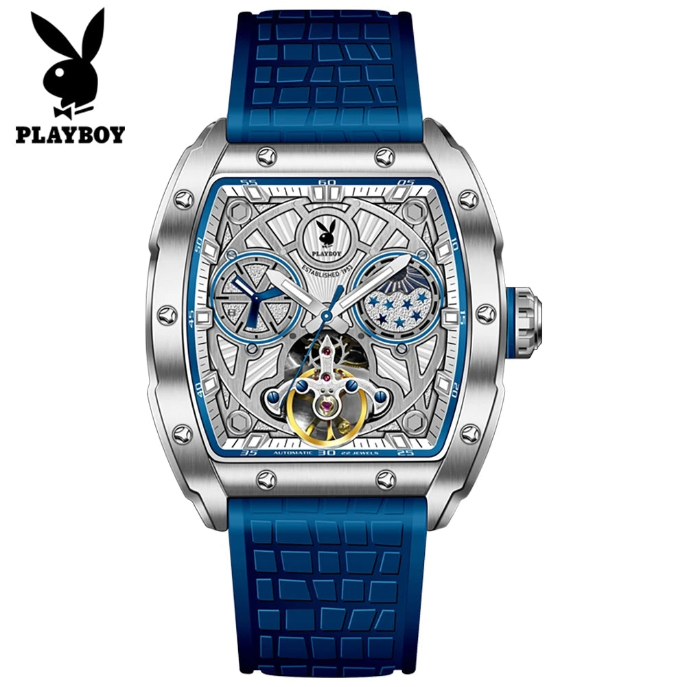 PLAYBOY Luxury Watches Man Skeleton Tonneau Automatic Mechanical Watch Silicone Strap Waterproof Business Watches For Man 3058