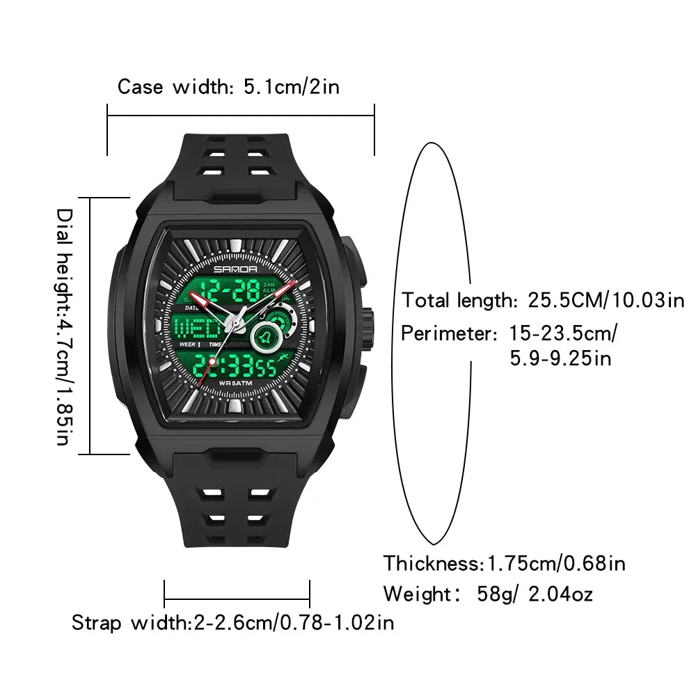 SANDA New Men Sport Watch Fashion Tonneau Big Dial Multifunction Chronograph LED Luminous 5Bar Waterproof Casual Quartz Watch