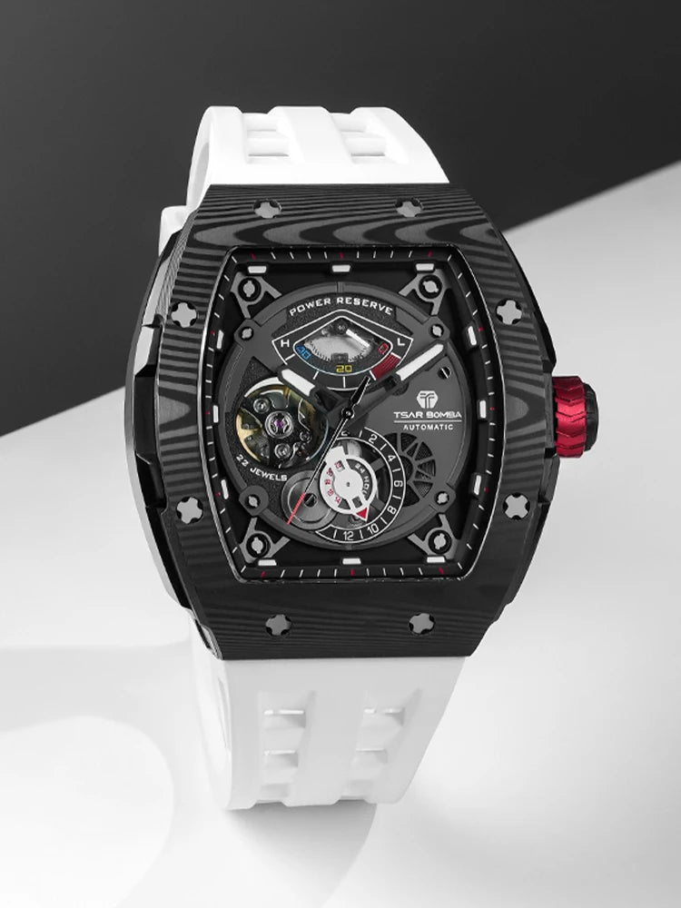 TSAR BOMBA Mens Watches Carbon Fiber Automatic Mechanical Wristwatch Sapphire Glass Water Resistant Clock Gift for Men