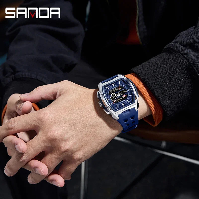 SANDA New Men Sport Watch Fashion Tonneau Big Dial Multifunction Chronograph LED Luminous 5Bar Waterproof Casual Quartz Watch