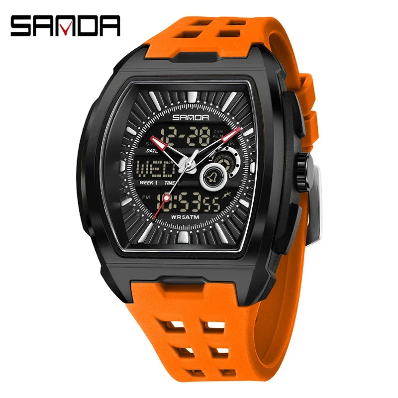 SANDA New Men Sport Watch Fashion Tonneau Big Dial Multifunction Chronograph LED Luminous 5Bar Waterproof Casual Quartz Watch