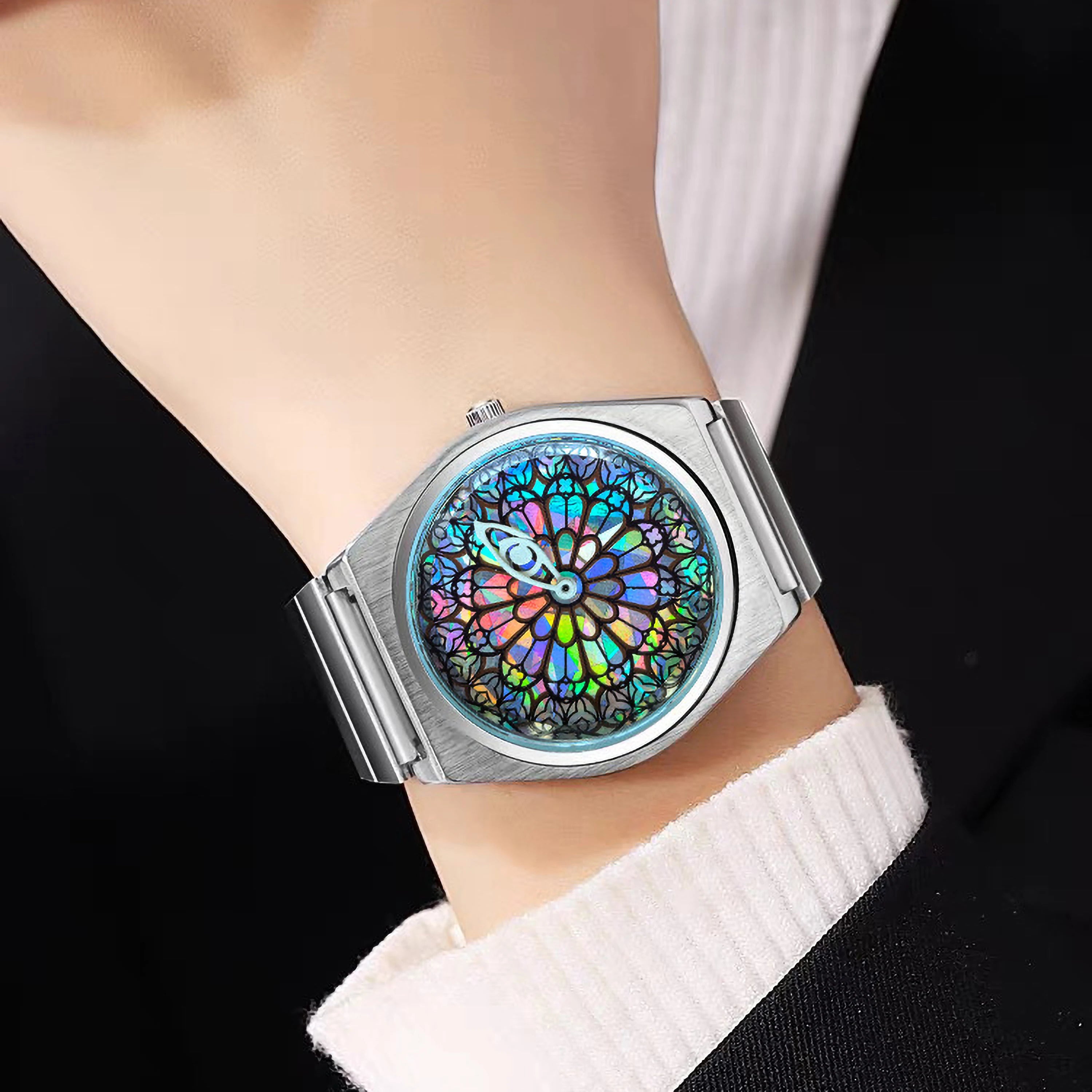 Men Quartz Watch Vintage Stained Glass Dial Minimalist Stainless Steel Band Wristwatch Fashion Casual Waterproof Watch for Men