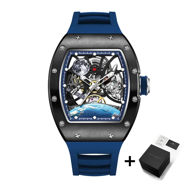 2025 New Top Brand Mens Automatic Watch Skeleton Tonneau Waterproof Wristwatch Luxury Clock Mechanical Watch for Men Earth dial