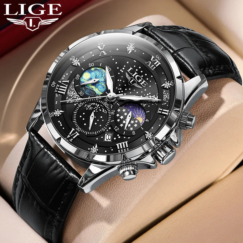 LIGE Quartz Watch For Men Top Brand Luxury Fashion Leather Watch Men Casual Sport Waterproof Chronograph Relogios Masculino+BOX