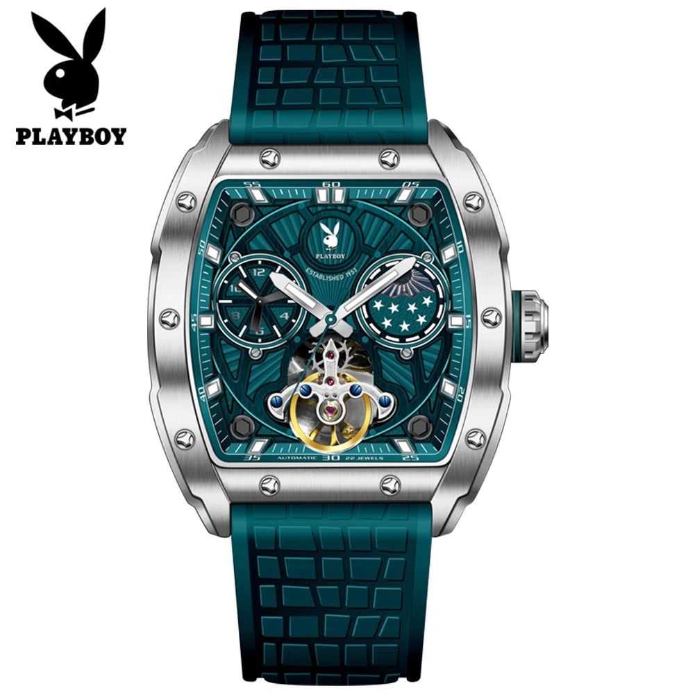 PLAYBOY Luxury Watches Man Skeleton Tonneau Automatic Mechanical Watch Silicone Strap Waterproof Business Watches For Man 3058