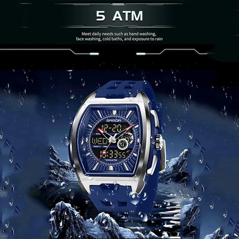 SANDA New Men Sport Watch Fashion Tonneau Big Dial Multifunction Chronograph LED Luminous 5Bar Waterproof Casual Quartz Watch