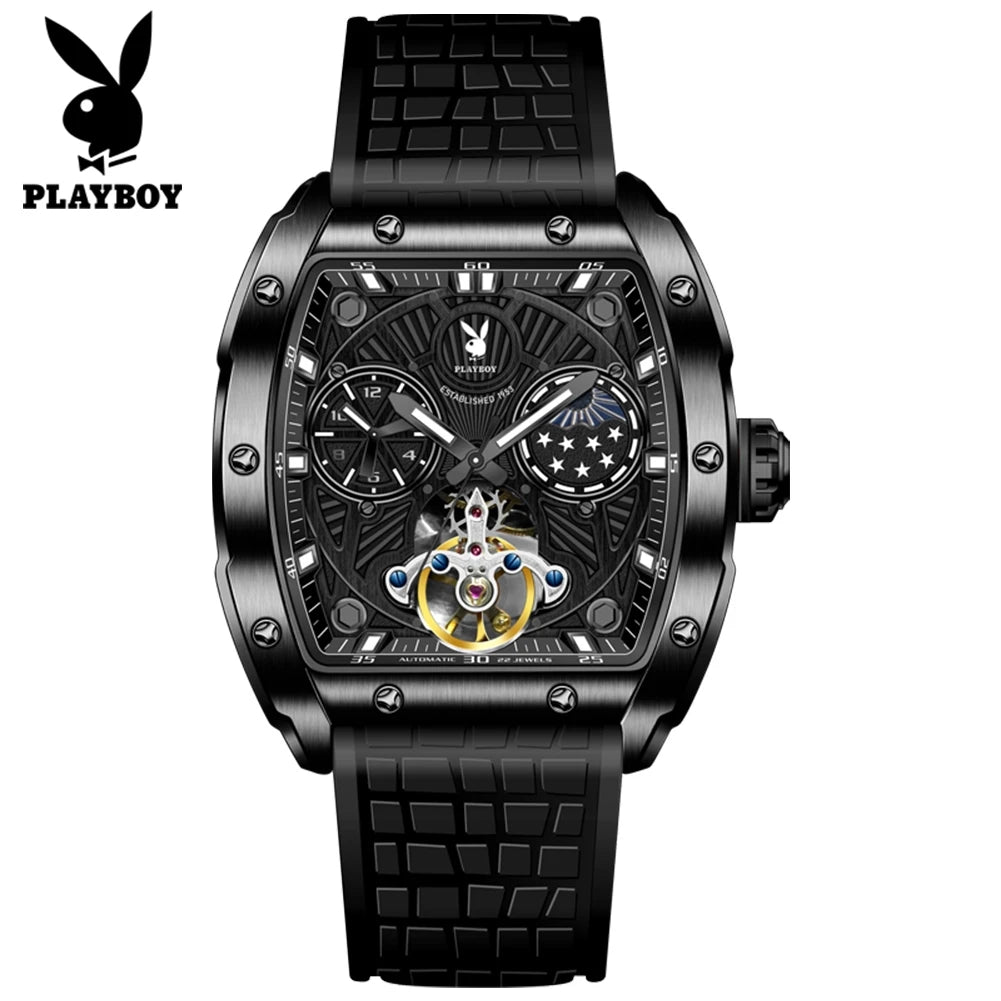 PLAYBOY Luxury Watches Man Skeleton Tonneau Automatic Mechanical Watch Silicone Strap Waterproof Business Watches For Man 3058