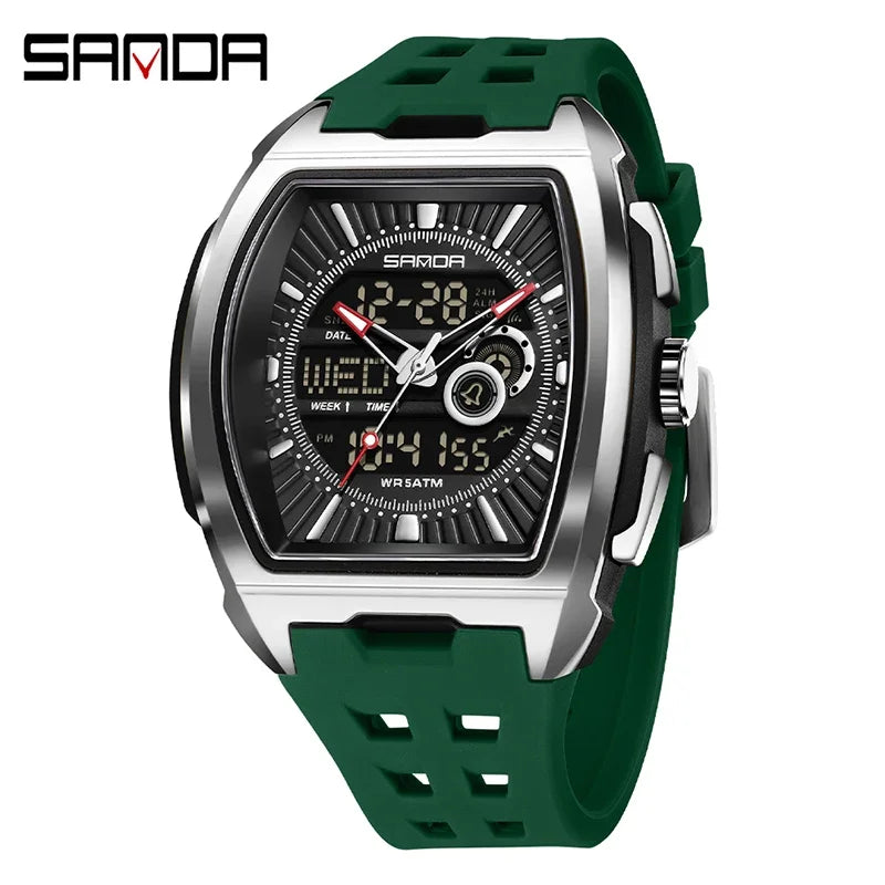 SANDA New Men Sport Watch Fashion Tonneau Big Dial Multifunction Chronograph LED Luminous 5Bar Waterproof Casual Quartz Watch