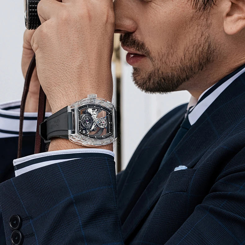 BONEST GATTI Men Tourbillon Watch 45mm Tonneau Automatic Mechanical Wristwatch Acrylic Case Luminous Skeleton Dial