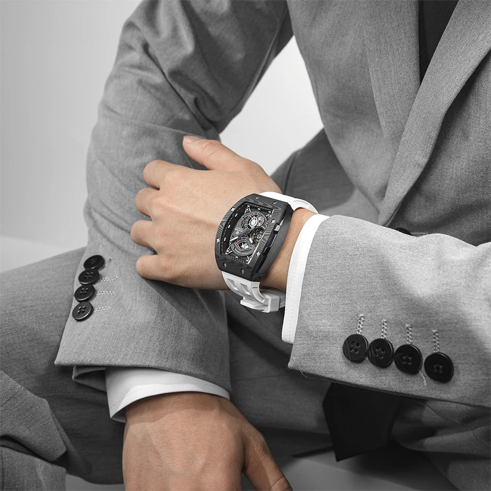 TSAR BOMBA Mens Watches Carbon Fiber Automatic Mechanical Wristwatch Sapphire Glass Water Resistant Clock Gift for Men